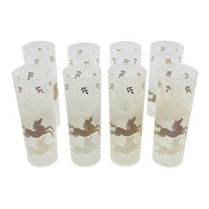 8 Vtg Libbey Cavalcade White Gold & Horses Frosted Tumbler Glasses MCM